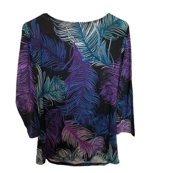 Carmen beautiful multi-color blouse 3/4 sleeve blk/purp/grn twist at neck NWT L - Picture 2 of 7